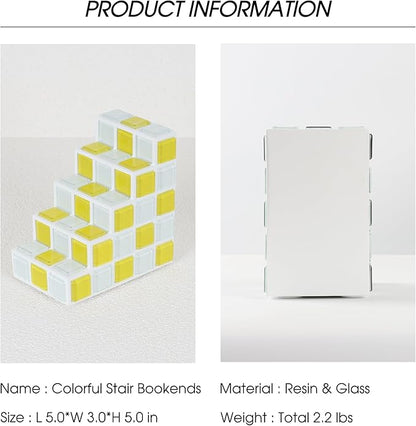 Decorative Bookends for Shelves - Stair Book Ends for Heavy Books - Unique Book Stopper & Holder for Shelves - Modern Home Decor Aesthetic Bookshelf Decor (Yellow & White)