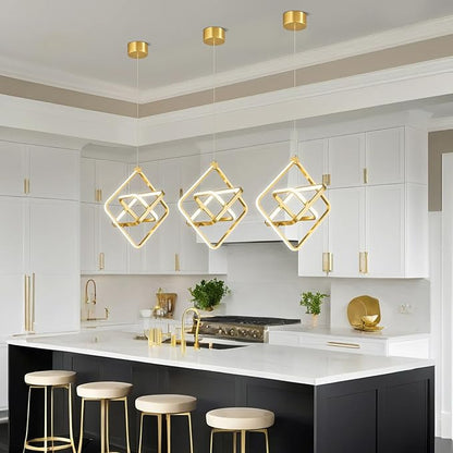 Modern LED Pendant Light Gold Pendant Lights 4000K 35W Dimmable Height Adjustable Pendant Lighting Rectangle Chandelier for Kitchen Island Dining Room Bedroom Living Room Foyer（3-Ring）