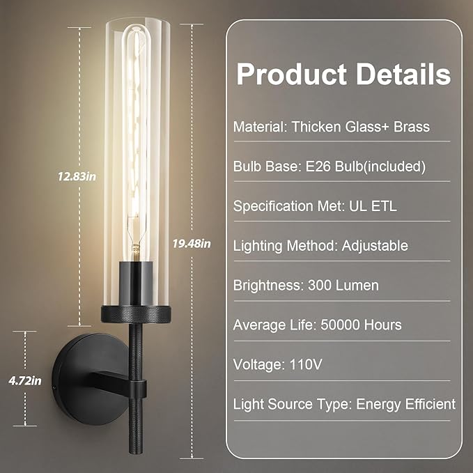 Black Wall Sconce, 19.48'' Brushed Brass Knurled Bathroom Sconces Wall Lighting Vanity Light with Clear Glass, Indoor Wall Mount Light for Living Room Mirror Bedroom Stairs