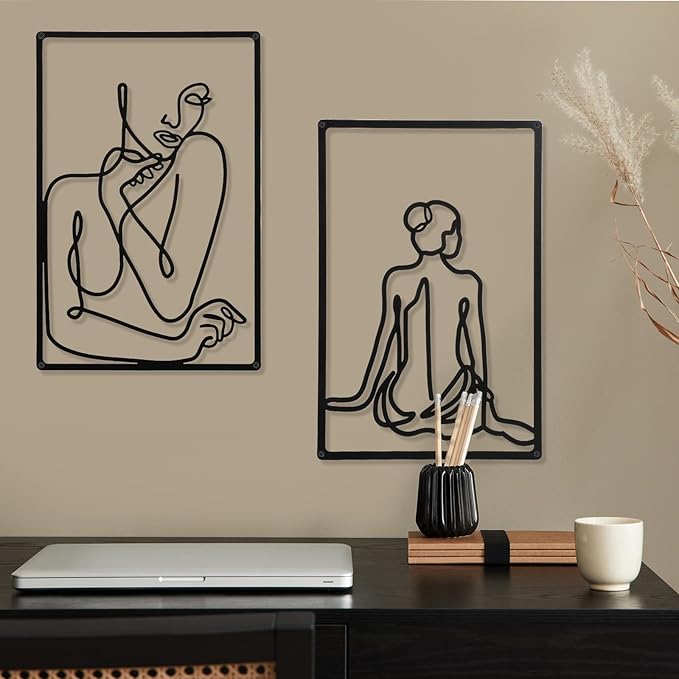 CHENGU 3 Pieces Metal Minimalist Abstract Woman Wall Art Line Drawing Wall Art Decor Single Line Female Home Hanging for Kitchen Bathroom Living Room