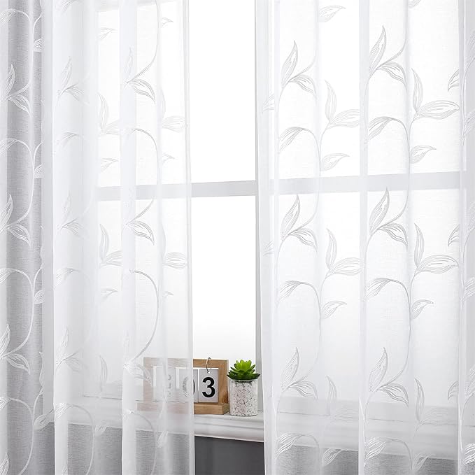 VISIONTEX White Sheer Curtains 63 Inch Length 2 Panels Set Embroidered Floral Leaf Pattern Rod Pocket Semi Sheer Voile Window Curtains/Drapes for Bedroom Living Room 54 x 63 Inches