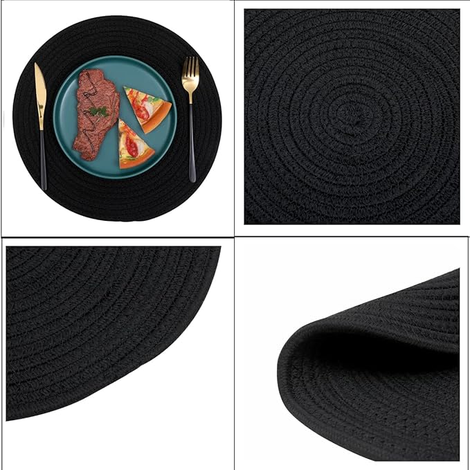 6pcs Round Woven Placemats, 13.8 inches Black Place Mats Cotton Pot Holders Wicker Tablemats Boho Braided Heat Resistant Mats, Woven Plate Chargers for Party Table Decoration