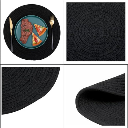 6pcs Round Woven Placemats, 13.8 inches Black Place Mats Cotton Pot Holders Wicker Tablemats Boho Braided Heat Resistant Mats, Woven Plate Chargers for Party Table Decoration