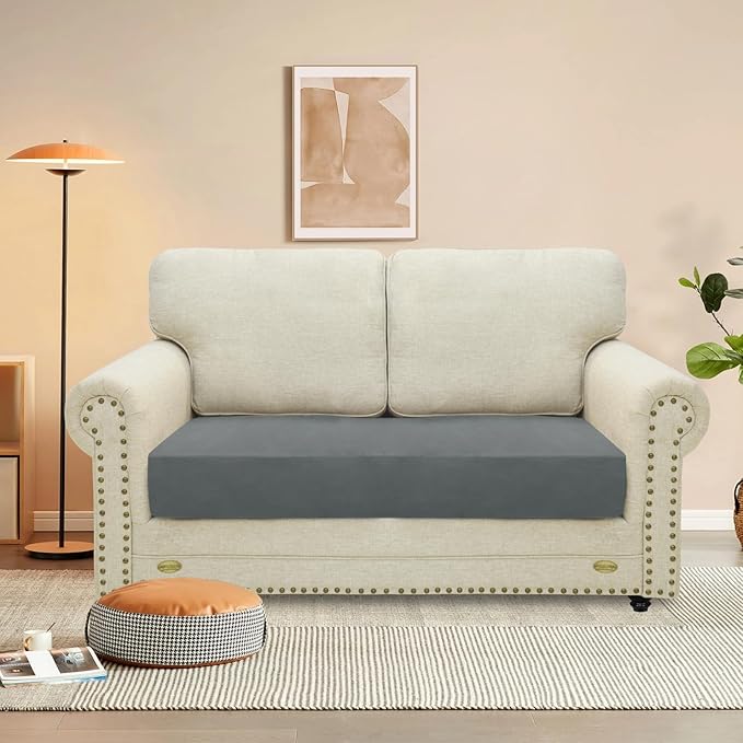 MAXIJIN Velvet Stretch Couch Cushion Covers Soft Loveseat Cushion Cover Replacement Sofa Seat Cushion Slipcovers RV Protector with Elastic Bottom (1 Piece Loveseat Cushion Cover, Light Grey)
