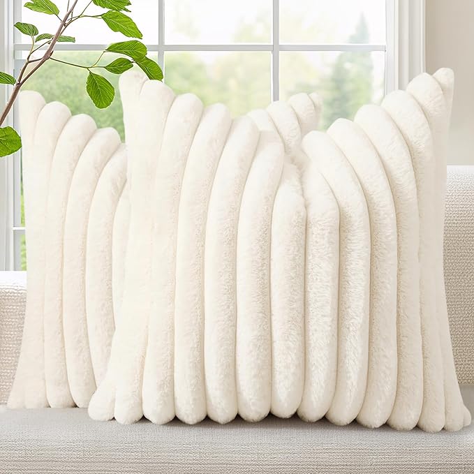 decorUhome Faux Fur Spring Throw Pillow Covers 26x26 Set of 2, Decorative Soft Plush Striped Neutral Couch Euro Sham Pillow Covers with Velvet Back for Sofa, Bed, Living Room Home, Cream White