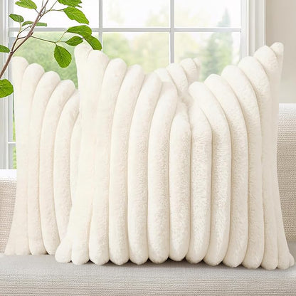 decorUhome Faux Fur Spring Throw Pillow Covers 26x26 Set of 2, Decorative Soft Plush Striped Neutral Couch Euro Sham Pillow Covers with Velvet Back for Sofa, Bed, Living Room Home, Cream White