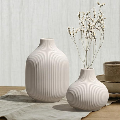 White Ceramic Vases Set of 3, Modern Minimalist Ribbed Vases for Centerpiece, Home Office Shelf Decor, Farmhouse Kitchen Bathroom Bedroom Living Room Decor