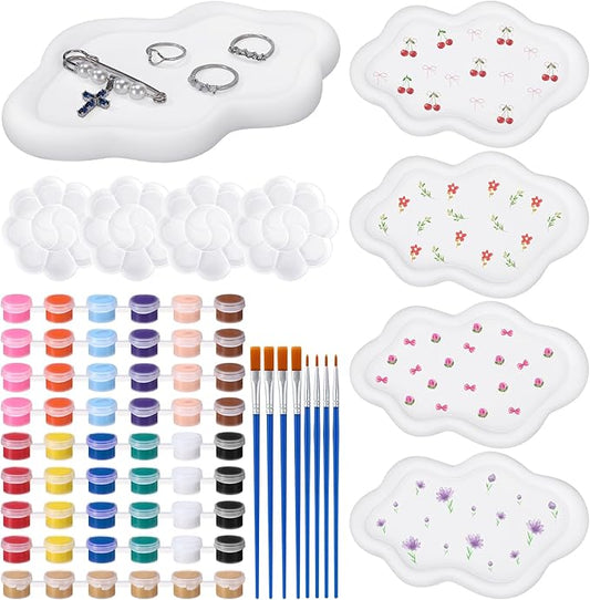 MotiMind 4 Set Ceramics to Paint Cloud Jewelry Tray Ready to Paint Your Own Ceramic Ring Dish Holder DIY Unpainted Plaster Trinket Dish Paintable Tray Crafts with Brush Palette for Adults