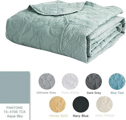 HZ & HY Oversized King Bedspread 138x122 Extra Wide, Quilted Coverlet Bedding Set, Lightweight Thin Comforter, Reversible, Luxurious, 5 Piece, 100% Microfiber, California/Alaskan King, Aqua Sky