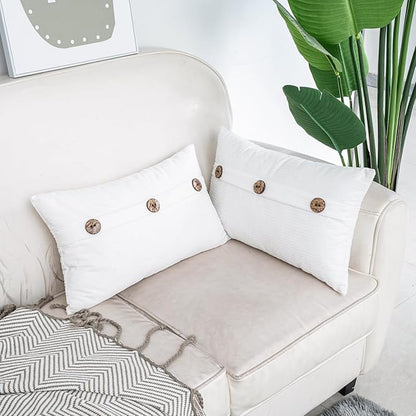 HWY 50 White Chenille Throw Pillow Covers 12x20 Inch with Triple Buttons, Soft Farmhouse Accent Decorative Cushion Cases for Couch Sofa Bed Living Room Pack of 2 Rectangle