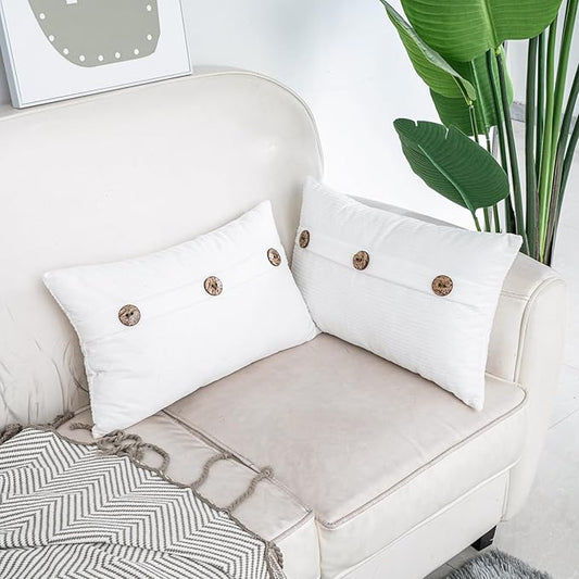 HWY 50 White Chenille Throw Pillow Covers 12x20 Inch with Triple Buttons, Soft Farmhouse Accent Decorative Cushion Cases for Couch Sofa Bed Living Room Pack of 2 Rectangle