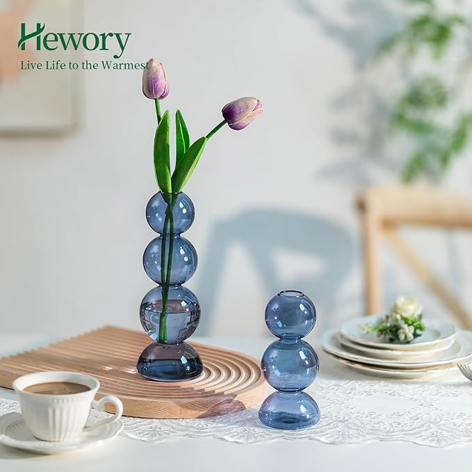 Glass Bubble Vases for Flowers, Hewory 2pcs Light Blue Unique Cute Single Flower Vase for Centerpieces, Funky Aesthetic Vase Skinny Bud Vase, Cool Groovy Decor for Living Room Bedroom Office Tabletop