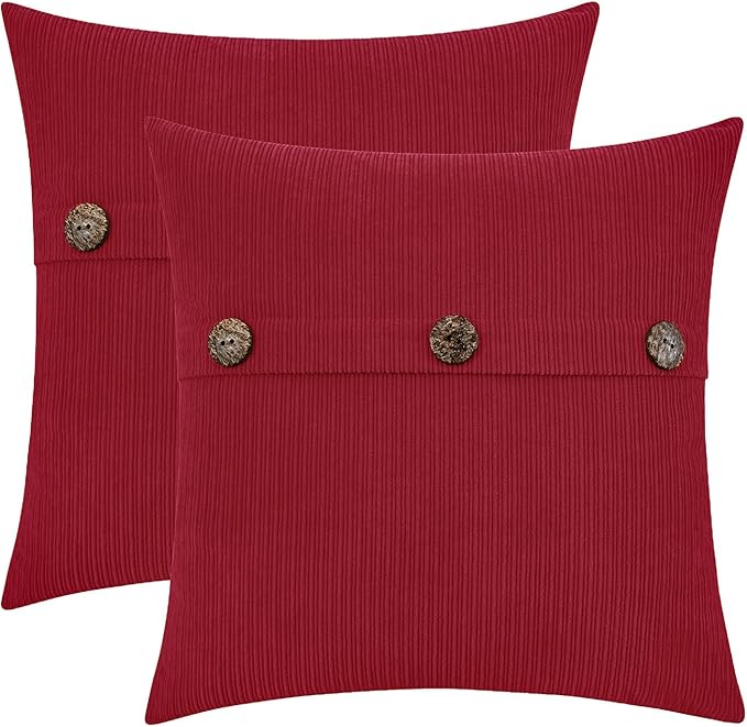 HWY 50 Red Chenille Throw Pillow Covers 22x22 Inch with Triple Buttons, Soft Farmhouse Accent Decorative Cushion Cases for Couch Sofa Bed Living Room Pack of 2