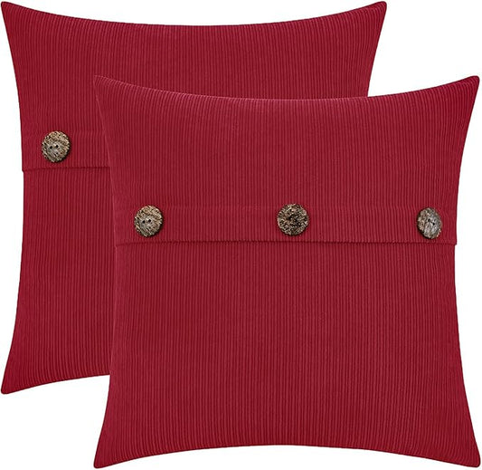 HWY 50 Red Chenille Throw Pillow Covers 22x22 Inch with Triple Buttons, Soft Farmhouse Accent Decorative Cushion Cases for Couch Sofa Bed Living Room Pack of 2