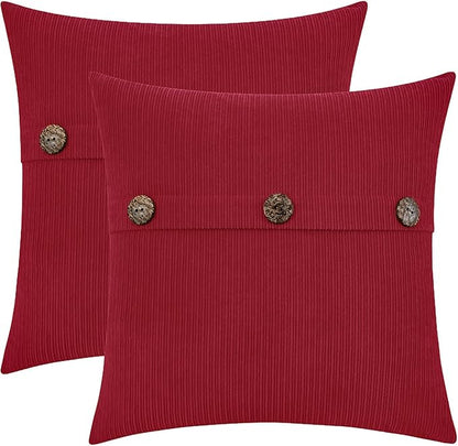 HWY 50 Red Chenille Throw Pillow Covers 18x18 Inch with Triple Buttons, Soft Farmhouse Accent Decorative Cushion Cases for Couch Sofa Bed Living Room Bedroom Pack of 2