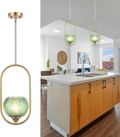 Modern Gold Globe Pendant Light with Green Globe Glass Lampshade Mid Century Chandelier 1-Light Brushed Brass Frame Ceiling Hanging Lighting Fixture for Kitchen Island Dining Room Bedroom
