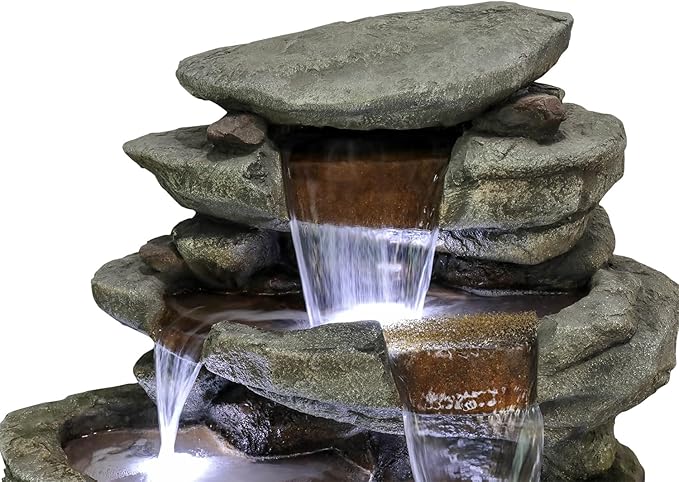 SunJet 60" High 7-Tiers Cascading Rock Outdoor Water Fountain with LED Lights - Large Outdoor Fountains and Waterfalls for Garden or Patio, Yard, and Deck Decor, Featuring Natural Stone Look