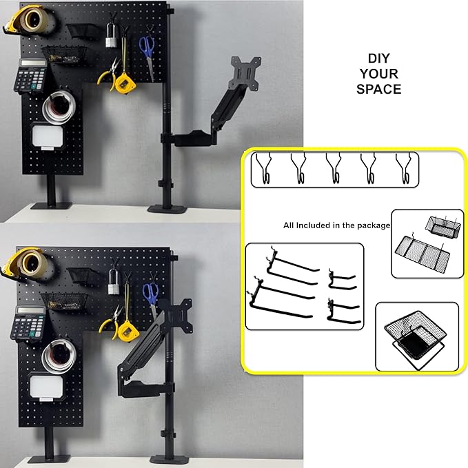 Studio Desk Pegboard with 2 Monitor Mounts Gas Spring Adjustable Arms, Work Bench 47 x 31 inch Heavy Duty Steel Stand Pegboard-Table Shelf Organizer for Workshop, Gaming and Live Streaming Accessories