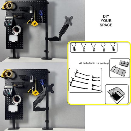 Studio Desk Pegboard with 2 Monitor Mounts Gas Spring Adjustable Arms, Work Bench 47 x 31 inch Heavy Duty Steel Stand Pegboard-Table Shelf Organizer for Workshop, Gaming and Live Streaming Accessories