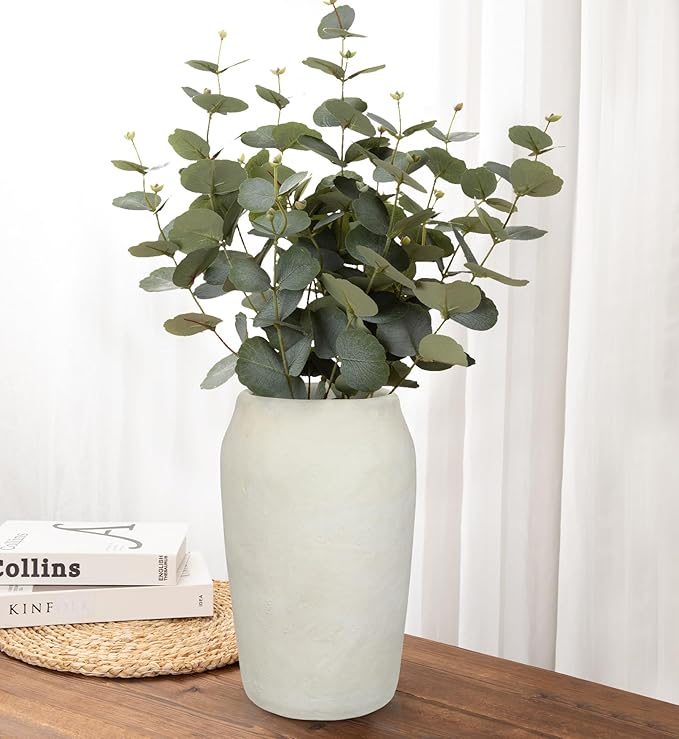 Briful 12'' Large Ceramic Rustic Vases Shabby Vintage Textured, 4.9'' Wide Mouth Pampas Vase for Fake Flowers Branches, Farmhouse Home Décor, Weddings Shelf Table Decor,Beige