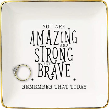 NZY Trinket Tray Ring Dish Jewelry Holder Gifts for Daughter,Niece,Granddaughter,Mom,Best Friend,Sister,Coworker,Nurse, Teacher,Wife,Grilfriend-You Are Amazing and Strong-Inspirational Gifts