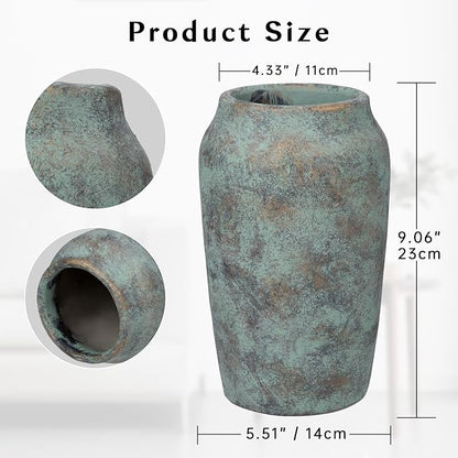 Briful 9.06'' Large Ceramic Rustic Vase Shabby Vintage Textured Vase, 4.33'' Wide Mouth Pampas Vases for Fake Flowers Branches, Farmhouse Home Décor, Weddings Shelf Table Decor,Patina