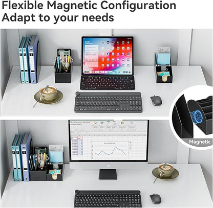 Magnetic Desk Organizer Set - Multifunctional PU Leather Desktop Storage with File Holder, 5-Tier Storage Box, Card and Sticky Note Slots, Office Supplies Accessories for Desk & Workspace