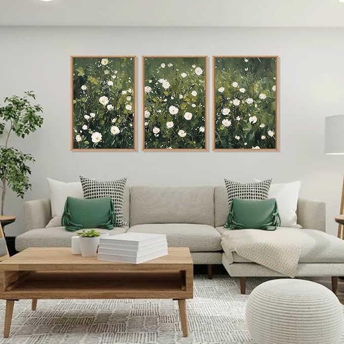HLNIUC Green White Floral Framed Wall Art Set, Abstract Flower Canvas Wall Decor, Modern Botanical Wall Painting, Blossom Landscape Art Print for Living Room, Bedroom, Office - 24"x36"x3