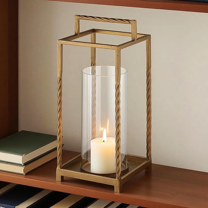 16" Modern Metal Lantern with Twisted Rope-Style Frame in Antique Brass with Glass Hurricane for Pillars, String Light. Centerpiece, Mantel, Ambient Lighting, Farmhouse, Transitional, Patio, Entryway
