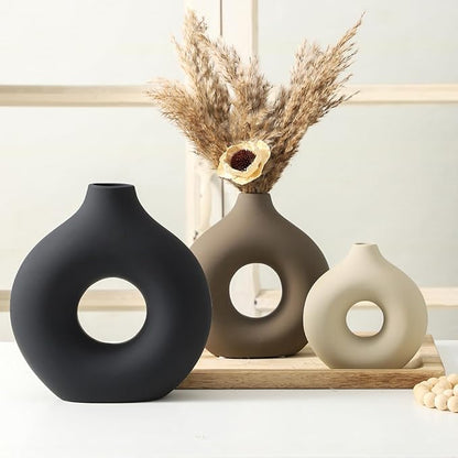 Ceramic Vase Home Table Decor - Flower Vases Set of 3 Small Living Room Centerpiece Decorations for Shelf Bedroom Office Kitchen Dining Desk Modern Aesthetic Farmhouse Decorative (Classic)