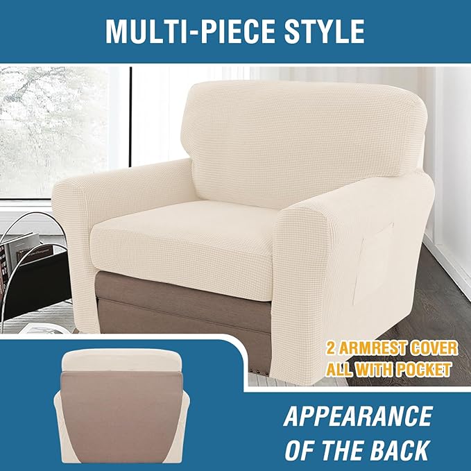 H.VERSAILTEX Multi-Pieces Chair Covers Stretch Couch Covers Form Fitted Seat and Back Cushions Covers (1 Seat Cover Plus 1 Back Cusion Cover, Bonus 2 Armrest Covers), Cream