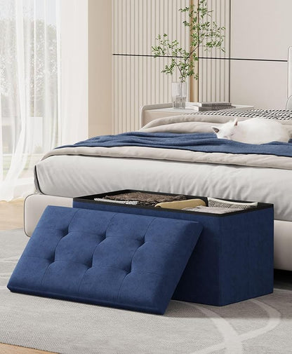 Folding Storage Ottoman Bench, Multi-Functional Ottoman Foot Rest, End of Bed Bench, Storage Chest for Living Room, Bedroom, Hallway, Entryway, Holds Up to 600 lbs (Navy Blue, 30 Inches)