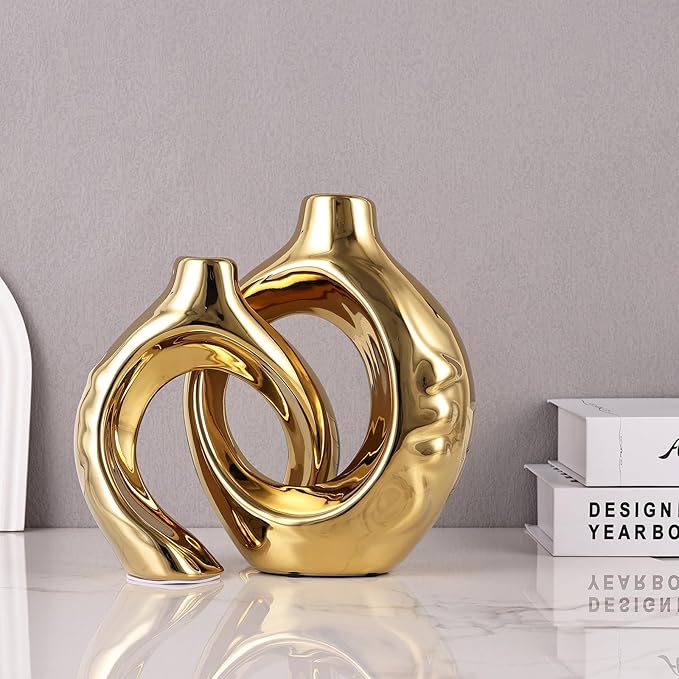 LCCCK Gold Ceramic Vases for Home Decor, Boho Vase for Flowers Pampas Grass Decorative, Hollow Donut Small Vase for Living Room Table Wedding Centerpiece Modern Vases (Gold)