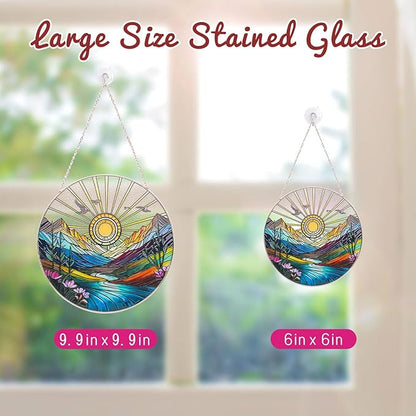 Sun Mountains Stained Glass Window Hanging Suncatcher – 9.9” Sun Catcher Glass Panel with Chain, Hand-Painted Round Glass Art, Gift for Women Mother's Day Christmas