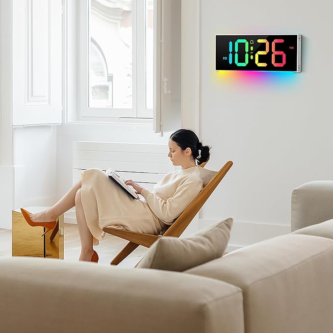 Large Digital Wall Clock 12", Digital Clock with Full Screen Display, 12 RGB Colors Changing, DST, Wall Clock with Night Lights for Elderly Living Room Bedroom Gaming Room (Whie)
