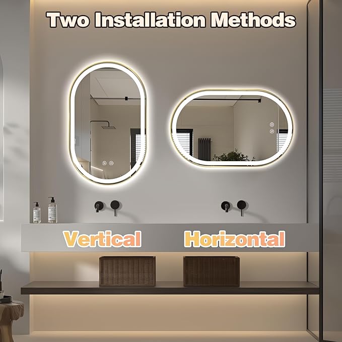 Niccy Oval LED Mirror for Bathroom, 32x20 Front Lit + Backlit Vanity Mirrors with Light Anti-Fog, Shatter-Proof, 3 Colors, Makeup Mirror with Old Gold Frame (Horizontal/Vertical)