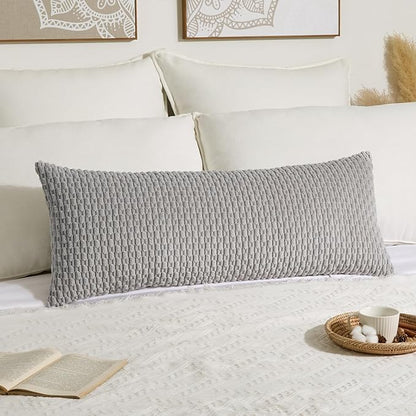 Kevin Textile 14x36 Inch Long Lumbar 1 Pack Boho Decorative Throw Pillow Cover Soft Striped Corduroy Rectangle Cushion Case Farmhouse Solid Color Accent for Living Room Couch Sofa Bed, Light Grey