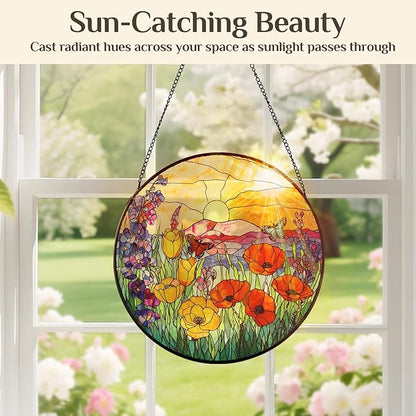 Stained Glass Window Hanging Sunrise Suncatcher, Renyalora 10 Inch Round Wildflower Glass Sun Catcher for Window Wall Art for Home, Patio, Porch, Outdoor Garden Décor Gift for Nature Lovers & Women