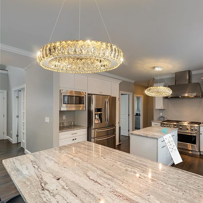 Modern Chandelier Crystal LED Dimmable Ring Pendant Lights Adjustable Hanging Lighting Chandeliers Fixtures for Dining Room Bedroom Kitchen Island Table Silver Light