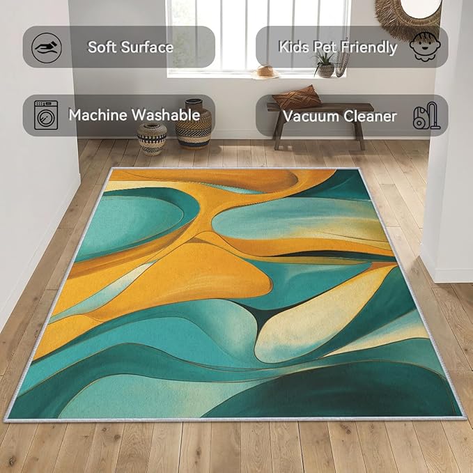 Abstract Rugs for Bedroom - Abstract Swirl Area Rug, 6x9 Rug, Yellow Blue Contemporary Rug & Home Decor, Modern Carpet & Room Decor, Washable Non Slip Anti Skid Rugs
