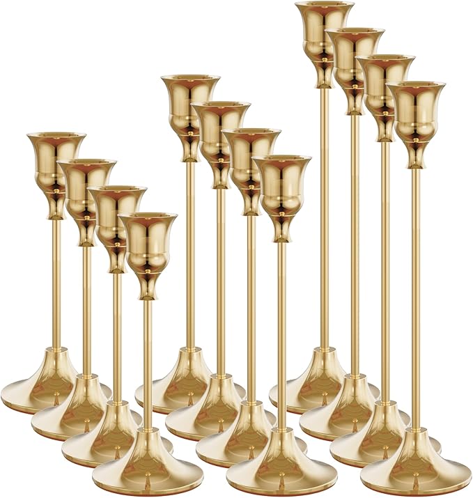 Set of 12 French Gold Candle Holders for Taper, Vintage Candlestick Holder Decorative Metal Candle Sticks Home Decor Centerpieces for Table Mantel Festive Decorations