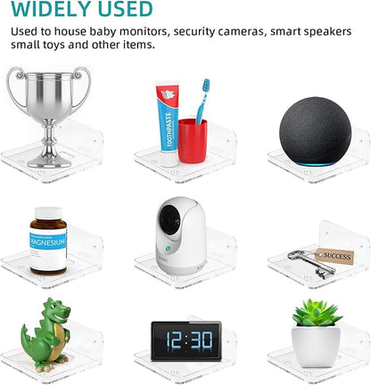 Wall Mount Floating Shelves for 2 Pcs Security Baby Camera Shelf Mini Speaker Other Small Items in Bedroom Bathroom Kitchen Living Room Clear Mini Shelf Flexible Use for Wall Space(S+L)