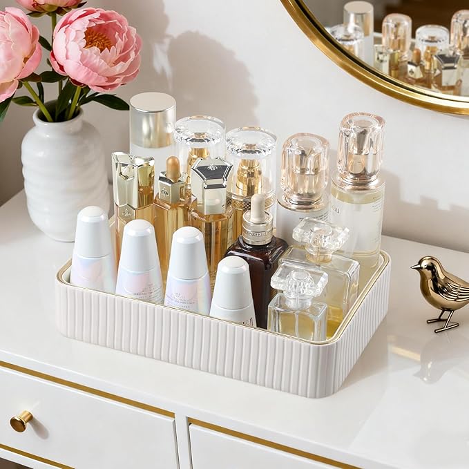 Desk Organizer Tray, PU Leather Valet Tray Nightstand Organizer Cologne Perfume Trays for Men Women, Decorative Vanity Trays Key Bowl Trinket Dish (Ivory, 10.3" x 6.7" x 2.2")