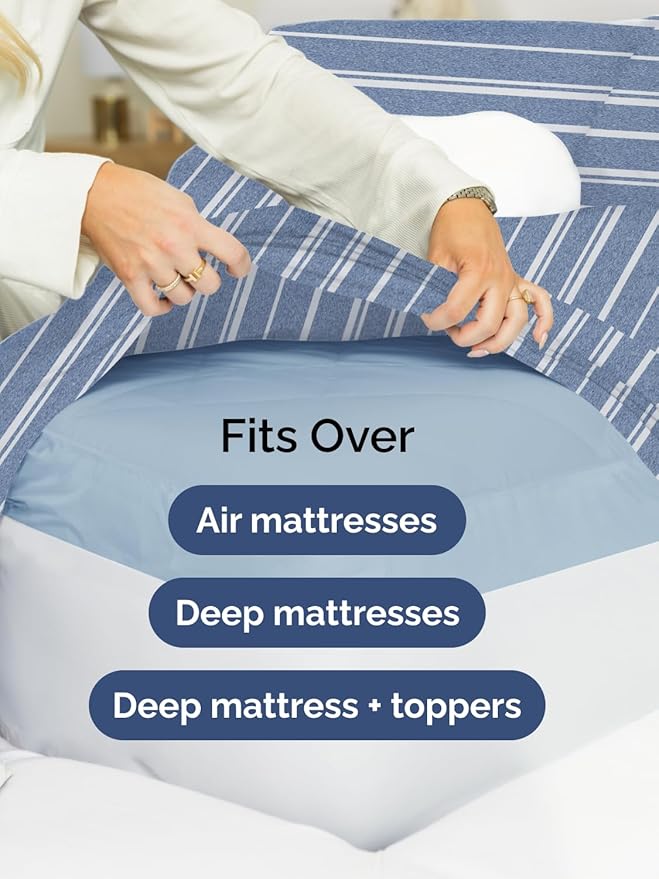 Extra Deep Split King Sheet Set - 7 Piece Breathable & Cooling Sheets - Hotel Luxury Bed Sheets Set - Easy Fit - Soft, Wrinkle Free & Comfy Sheets Set - Blue Striped Sheet Set w/Extra Deep Pockets