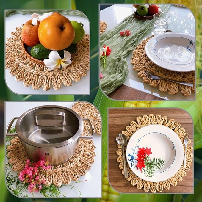 13.8” Set of 6 Round Woven Placemats from Natural Corn Husk, Boho Wicker Place mats, Rattan Round Placemats for Farmhouse and Spring, Summer Parties