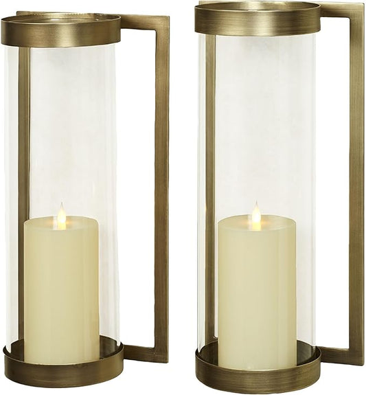 Crosce Satin Brass Metal Wall Sconce | Set of Two | Candleholder Sconces for Bedroom Living Room, Bathroom, Hallway, Entryway | Hurricane Style Glass
