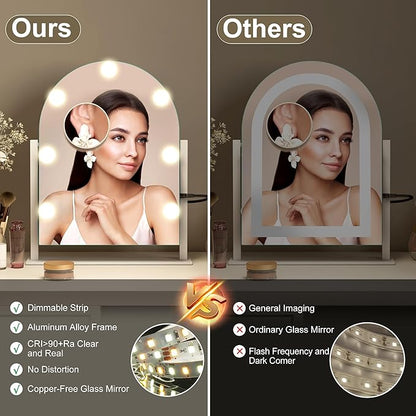 S'bagno Arched Vanity Mirror with Lights, 7 Dimmable LED Bulbs Hollywood Mirror, 3 Color Modes & Memory Function Makeup Mirror with Lights, Detachable 10X Magnification, Touch Control,USB-A(15''x12'')