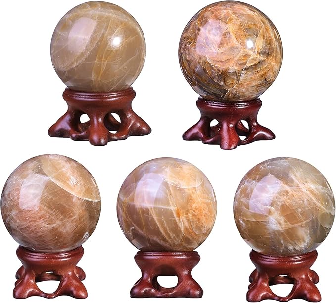 Nupuyai Natural Orange Moonstone Crystal Ball with Resin Stand, Healing Crystal Sphere for Home Decor 1.61"-1.97"(41mm-50mm)