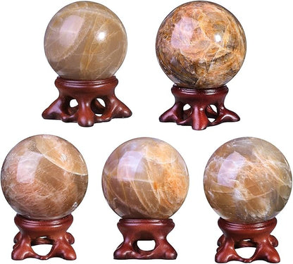 Nupuyai Natural Orange Moonstone Crystal Ball with Resin Stand, Healing Crystal Sphere for Home Decor 1.61"-1.97"(41mm-50mm)