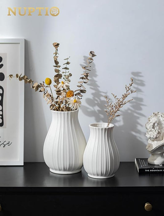 NUPTIO Ceramic Flower Vase for Bouquet: 6.3" Tall White Vases for Home Decor - Modern Decorative Table Centerpiece for Living Dining Room Kitchen Decor